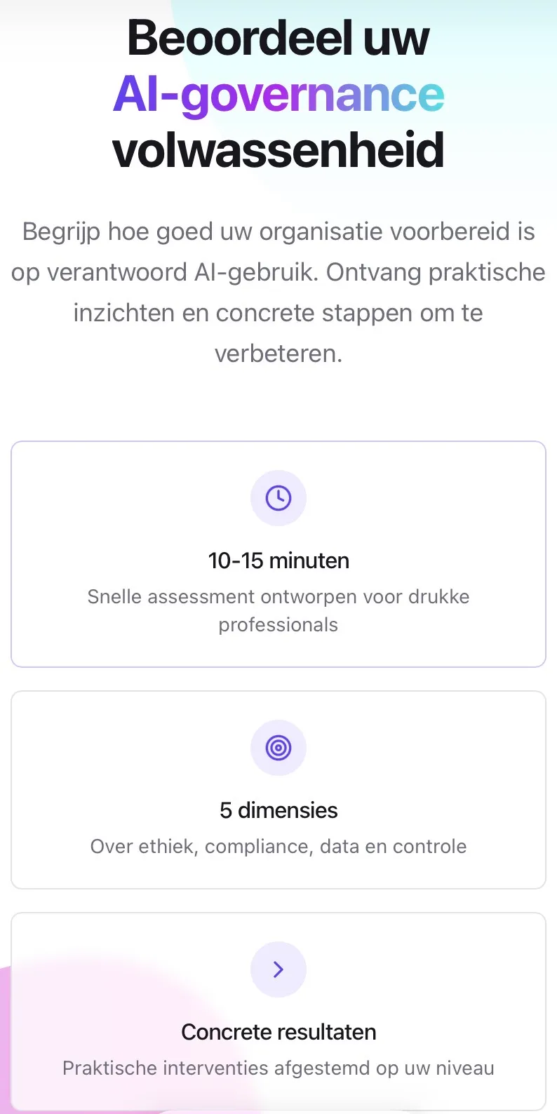 Startscherm van de AI Governance Scan: beoordeel uw AI-governance volwassenheid